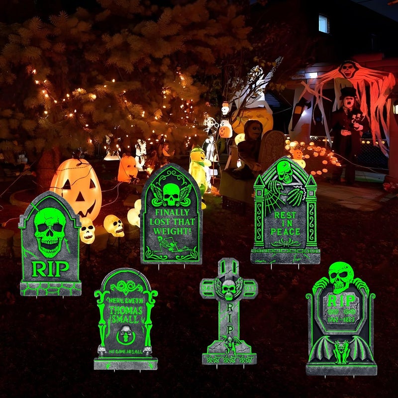 CiniQy 6 Pack Halloween Tombstones Graveyard Decorations, Halloween Yard Sign Glow in The Dark, 17”×10” Waterproof Outdoor Light Up Tombstones, Spooky Light Up Gravestones for Yard, Home, Party, Scary Decor - Image 2